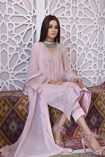 Baby Pink Embroidered Raw Silk Luxury Pret 3 Piece Handwork Chiffon Dresses