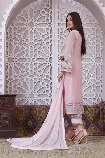 Baby Pink Embroidered Raw Silk Luxury Pret 3 Piece Handwork Chiffon Dresses