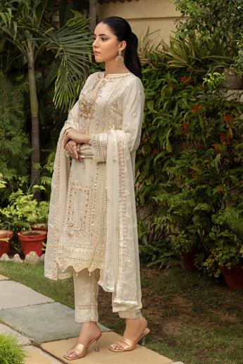 Cream & Gold Embroidered Raw Silk Ladies Readymade