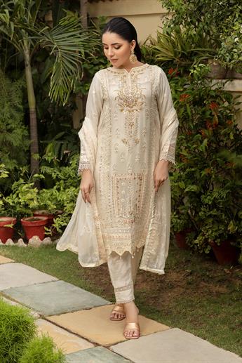 Cream & Gold Embroidered Raw Silk Ladies Readymade