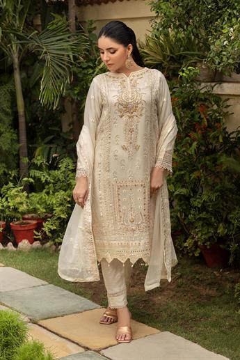 Cream & Gold Embroidered Raw Silk Ladies Readymade