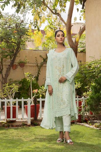 Mint Embroidered Raw Silk Ladies Readymade