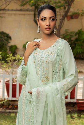 Mint Embroidered Raw Silk Ladies Readymade