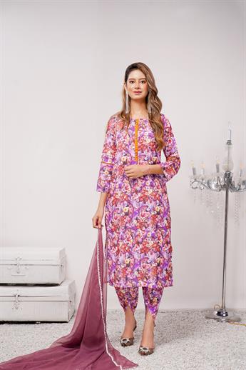 Purple & Multicolour Printed Chiffon Ladies Readymade