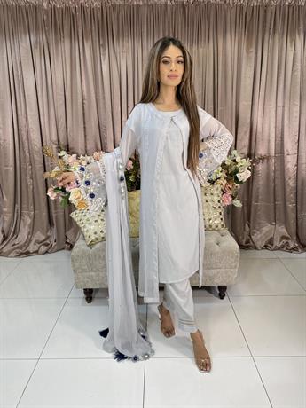 Light Grey Chiffon Open Jacket with Embroidered Bell Sleeves.
