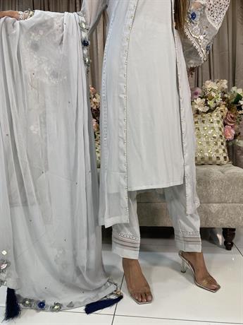 Light Grey Chiffon Open Jacket with Embroidered Bell Sleeves.