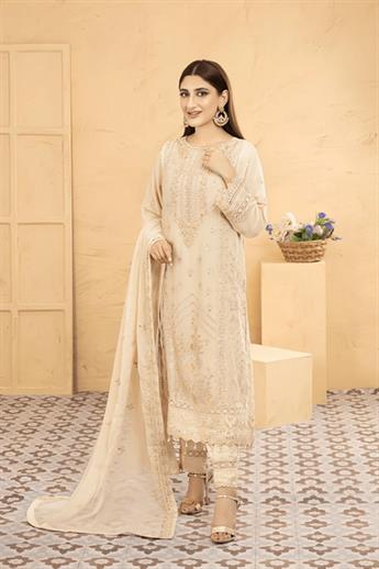 Beige Embroidered Raw Silk 3Piece Handwork Chiffon Dresses