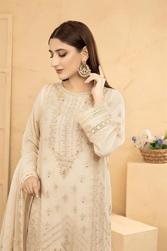 Beige Embroidered Raw Silk 3Piece Handwork Chiffon Dresses