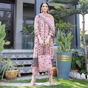 Coral Pink Embroidered Lawn 3 Piece Suit