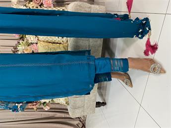 Teal Chiffon Suit with Embroidered Bell Sleeves.