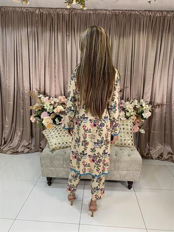 Beige Beaded Linen 2 Piece Set