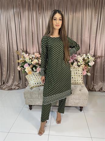 Mehndi Green Digital Print Linen Ladies Readymade