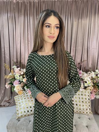 Mehndi Green Digital Print Linen Ladies Readymade