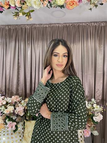 Mehndi Green Digital Print Linen Ladies Readymade