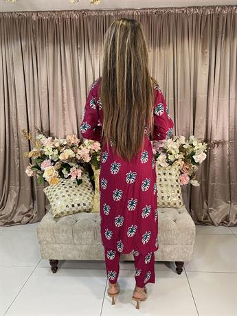 Dark Pink Digital Print Linen 2 Piece Set