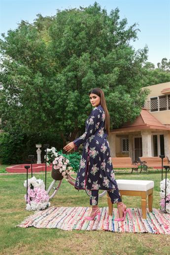 Navy Blue Digital Print Linen Ladies Readymade
