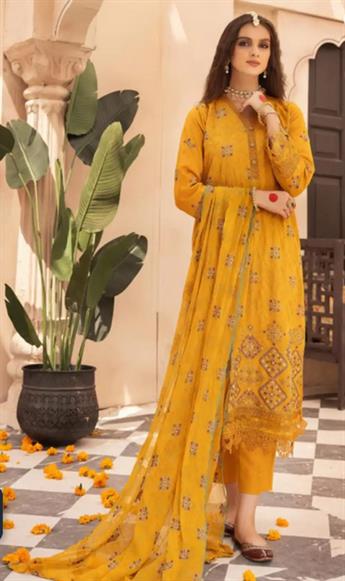 Mustard Embroidered Chiffon Ladies Readymade