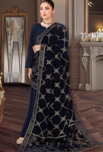 Navy Blue Embroidered Raw Silk Ladies Readymade