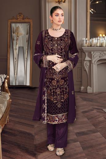 Plum Embroidered Raw Silk Ladies Readymade