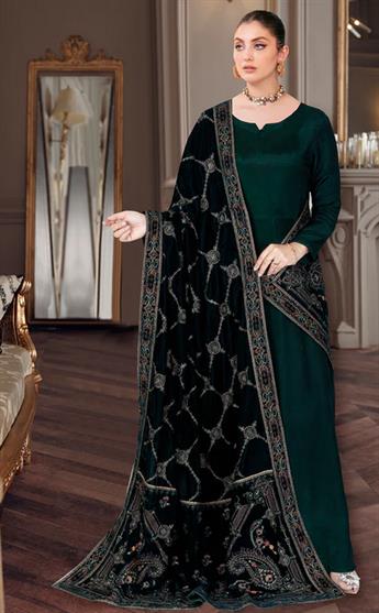  RAMSHA WINTER COLLECTION:
Embroidered Velvet shawl.  Raw silk dress with raw silk trouser.