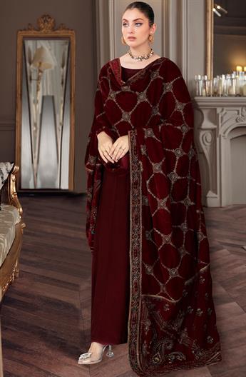Maroon Embroidered Raw Silk Ladies Valvet Suit