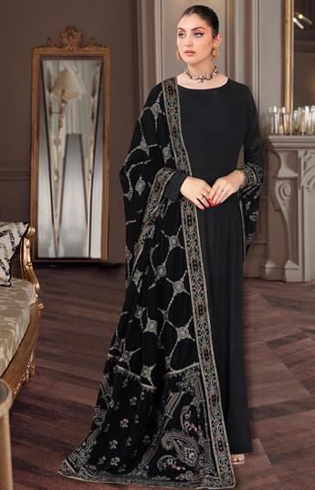 Black Embroidered Raw Silk Ladies Readymade