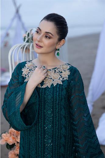 Teal Sequinned Raw Silk Ladies Readymade