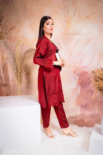 Dark Red Tussar Silk Two Piece Set