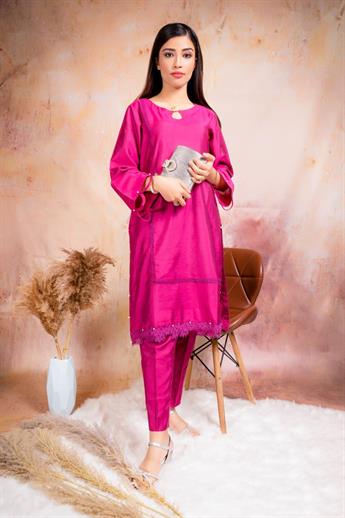 Hot Pink Tussar Silk Two Piece Set
