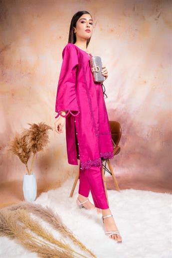 Hot Pink Tussar Silk Two Piece Set