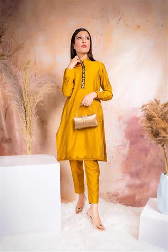 Mustard Organza Tussar Silk Two-piece Set