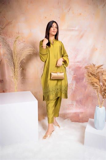 Lime Green Tussar Silk Two-piece Set