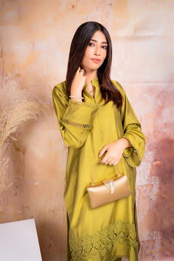 Lime Green Tussar Silk Two-piece Set