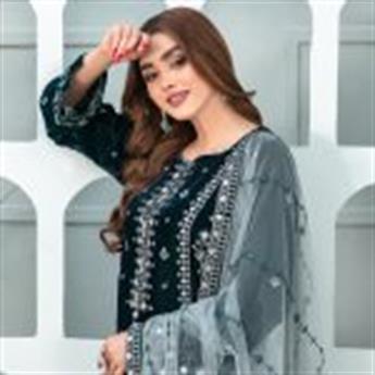 Teal Blue Embroidered Tawakkal Velvet Collection 3-piece Set