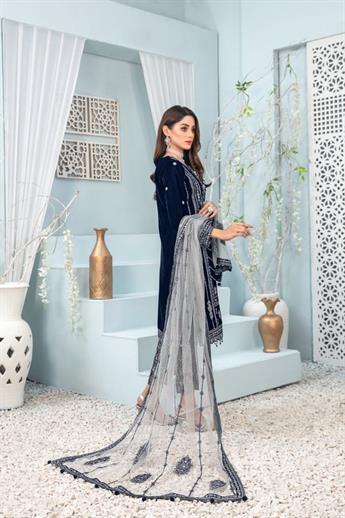 Navy Blue Embroidered Tawakkal Velvet Collection 3-piece