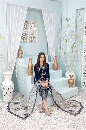 Navy Blue Embroidered Tawakkal Velvet Collection 3-piece