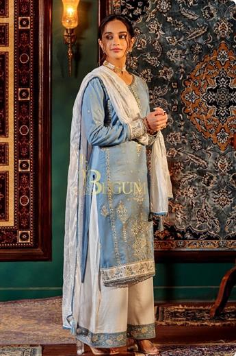 Powder Blue Linen Indian 3 Piece Set