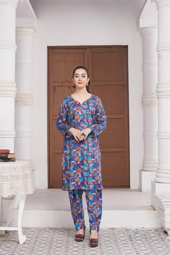 Blue Digital Print Linen Ladies Readymade