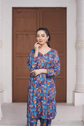 Blue Digital Print Linen Ladies Readymade