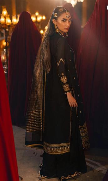 Black Embroidered Silk Ladies Readymade