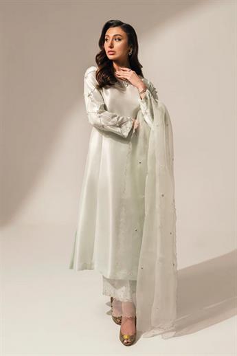 Cream Embroidered Raw Silk Ladies Readymade
