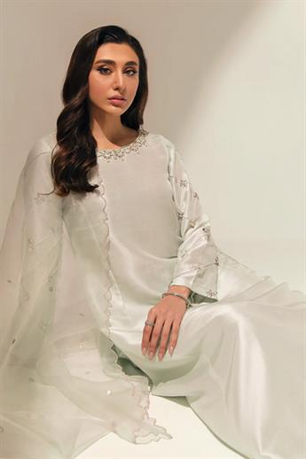 Cream Embroidered Raw Silk Ladies Readymade