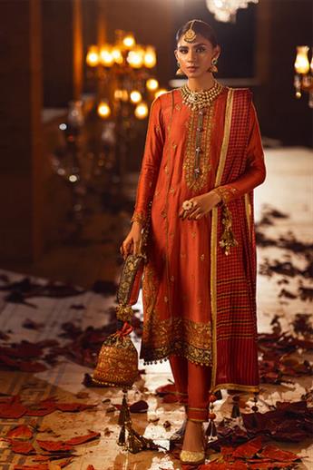 Rust Orange Sequinned Organza Ladies Readymade