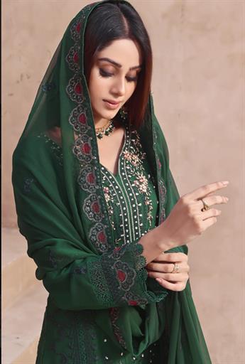 Bottle Green Embroidered Raw Silk Ladies Readymade
