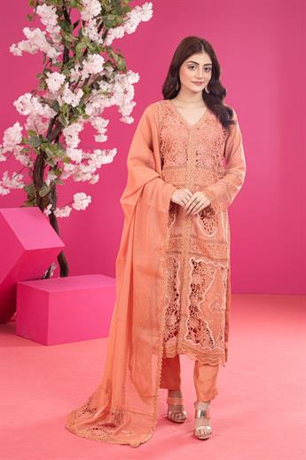 Peach Embroidered Raw Silk Ladies Readymade