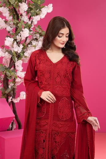 Maroon Embroidered Raw Silk Ladies Readymade