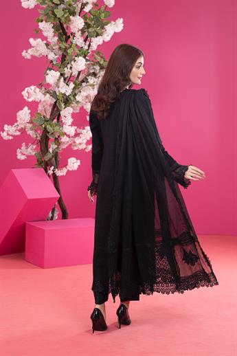 Black Embroidered Raw Silk Ladies Readymade