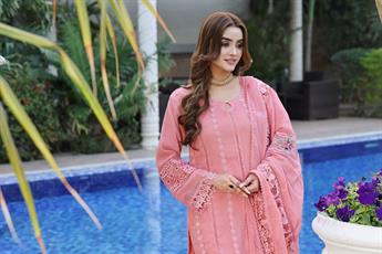 Pink Embroidered Silk Cotton Net 3 Piece Suit