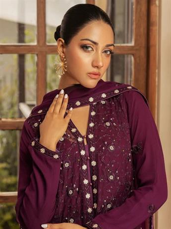 Purple Embroidered Raw Silk Chiffon Suit