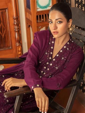 Purple Embroidered Raw Silk Chiffon Suit